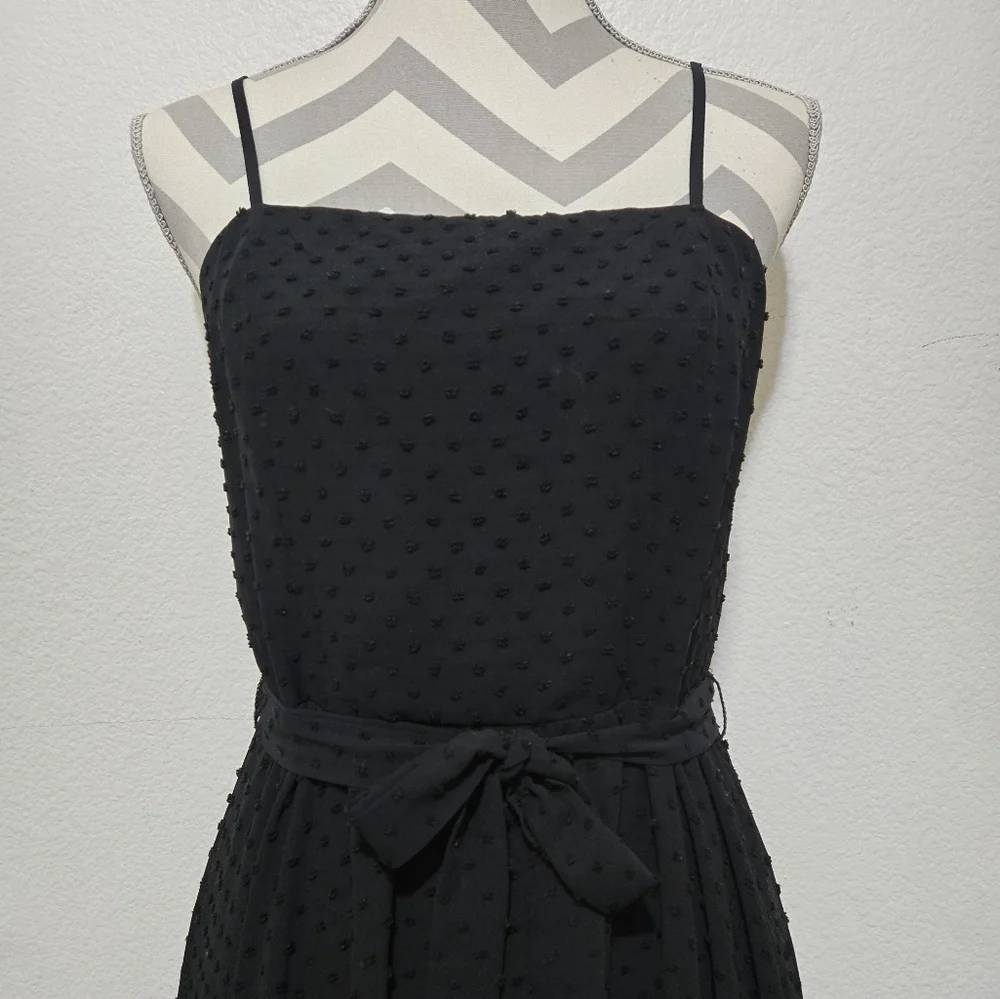 AQUA Black Midi Dress Swiss Dot Lace Inset Handkerchief Hem Tie Waist Small - Picture 3 of 15
